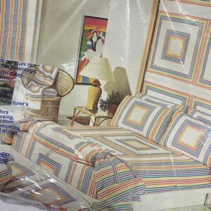 Vintage Deadstock Rainbow Vera Burlington Retro Striped Fitted Queen Bed Sheets